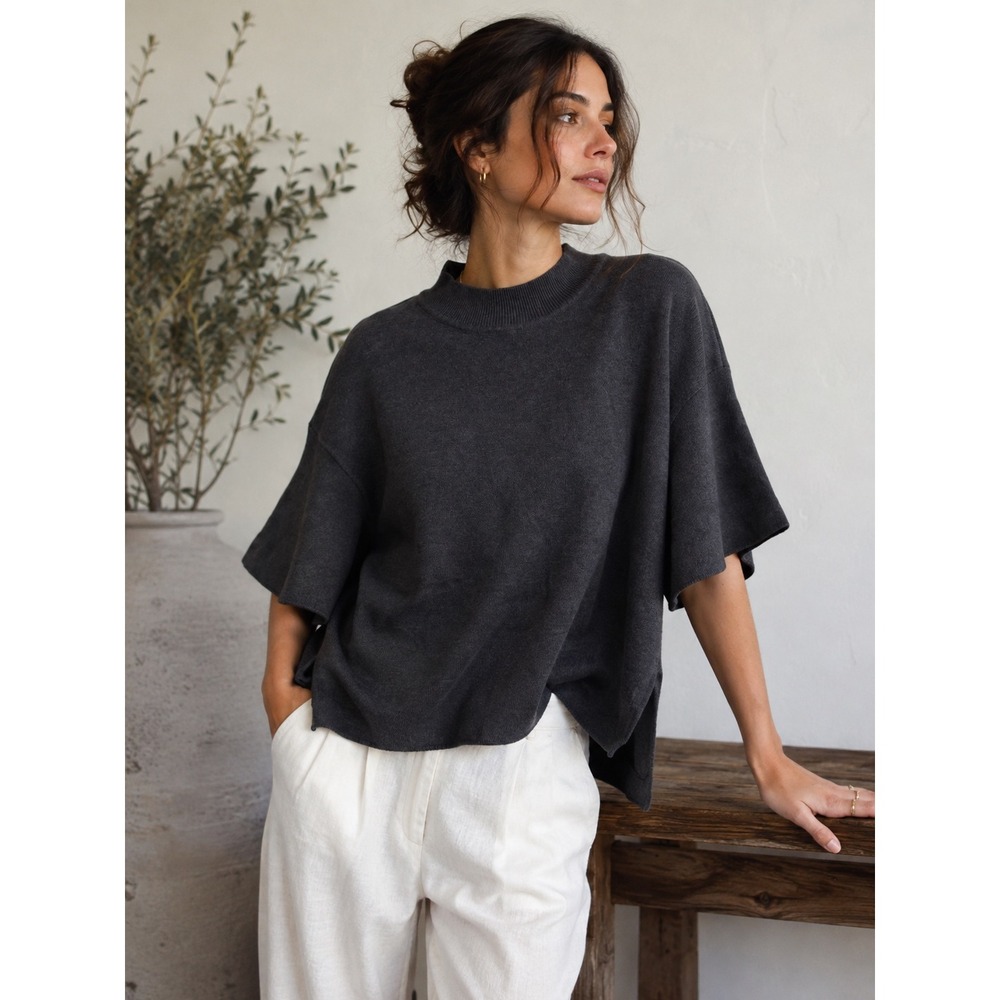 Sunday in Brooklyn Mock Neck Bell Sleeve Top Small Grey Contemporary Sweater